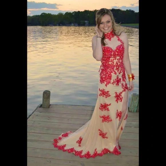 open lace back dress Mermaid Red Velvet with Gold Beaded Prom Dresses with Slit ARD3181   SheerGirl